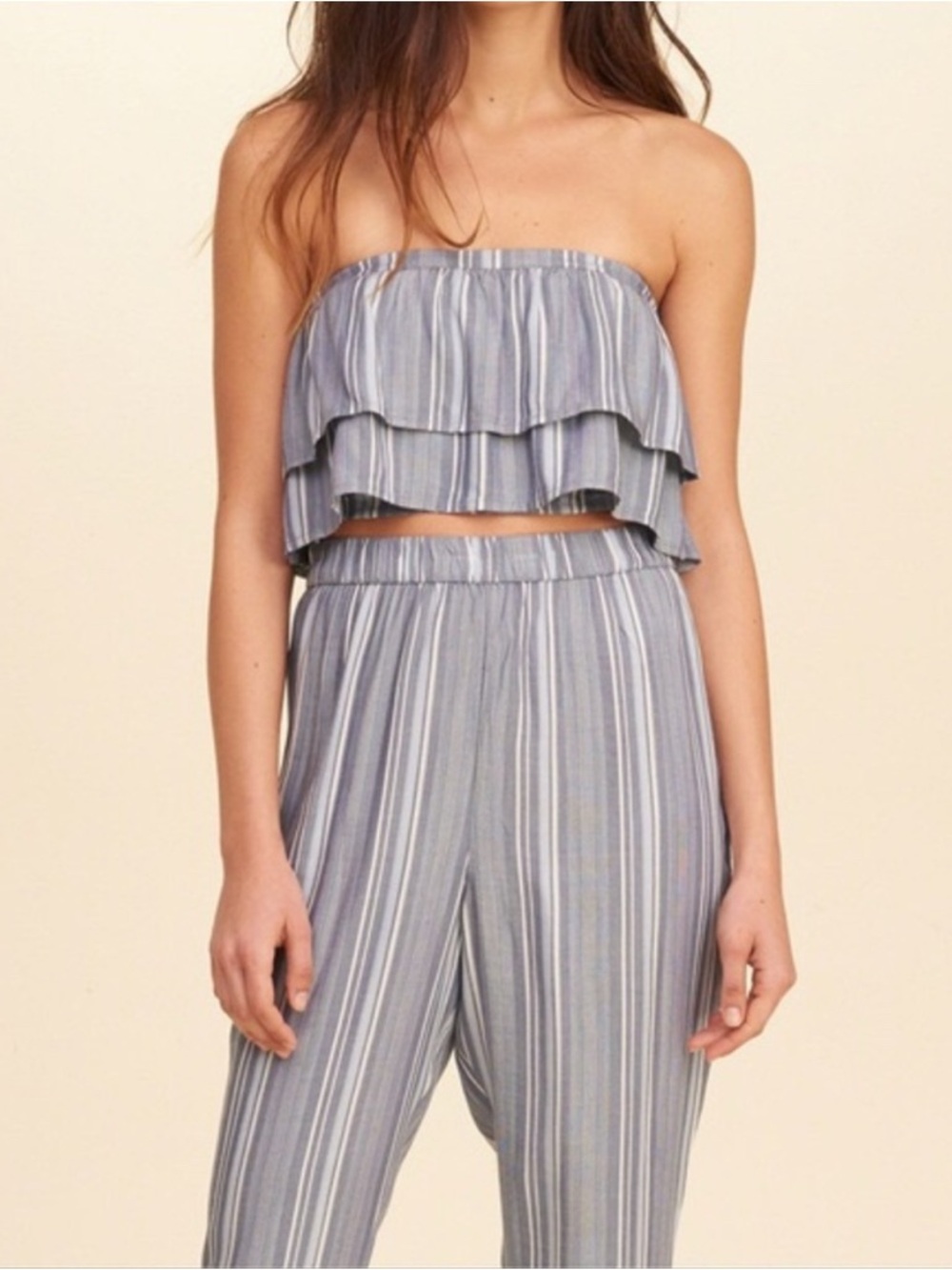 Hollister Blue & White Striped Off-Shoulder Jumpsuit